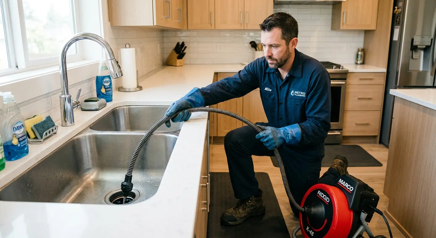 Drain cleaning technician using a motorized snake on a kitchen sink in Conneaut