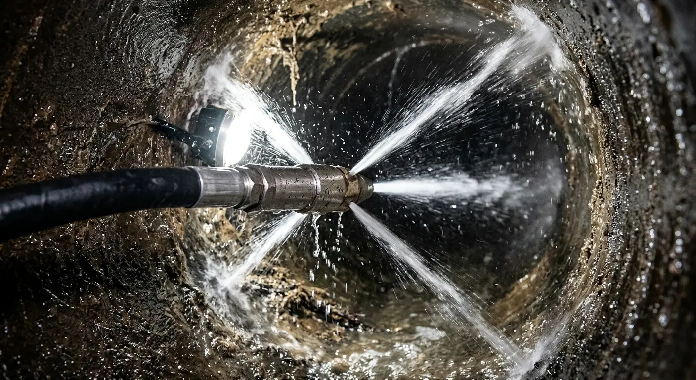 High-pressure hydro jetting nozzle cleaning sewer pipe for Emergency Drain Service in Conneaut