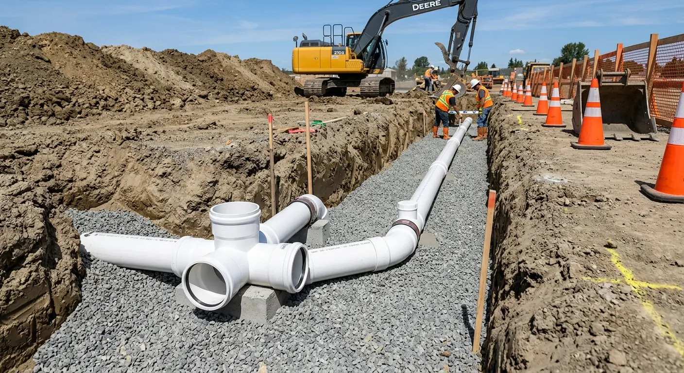New PVC sewer pipe installation in open trench for Sewer Backup in Conneaut